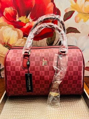London Fog Ruby Red Checkered Logo Boston Barrel Signature Satchel (NWT)